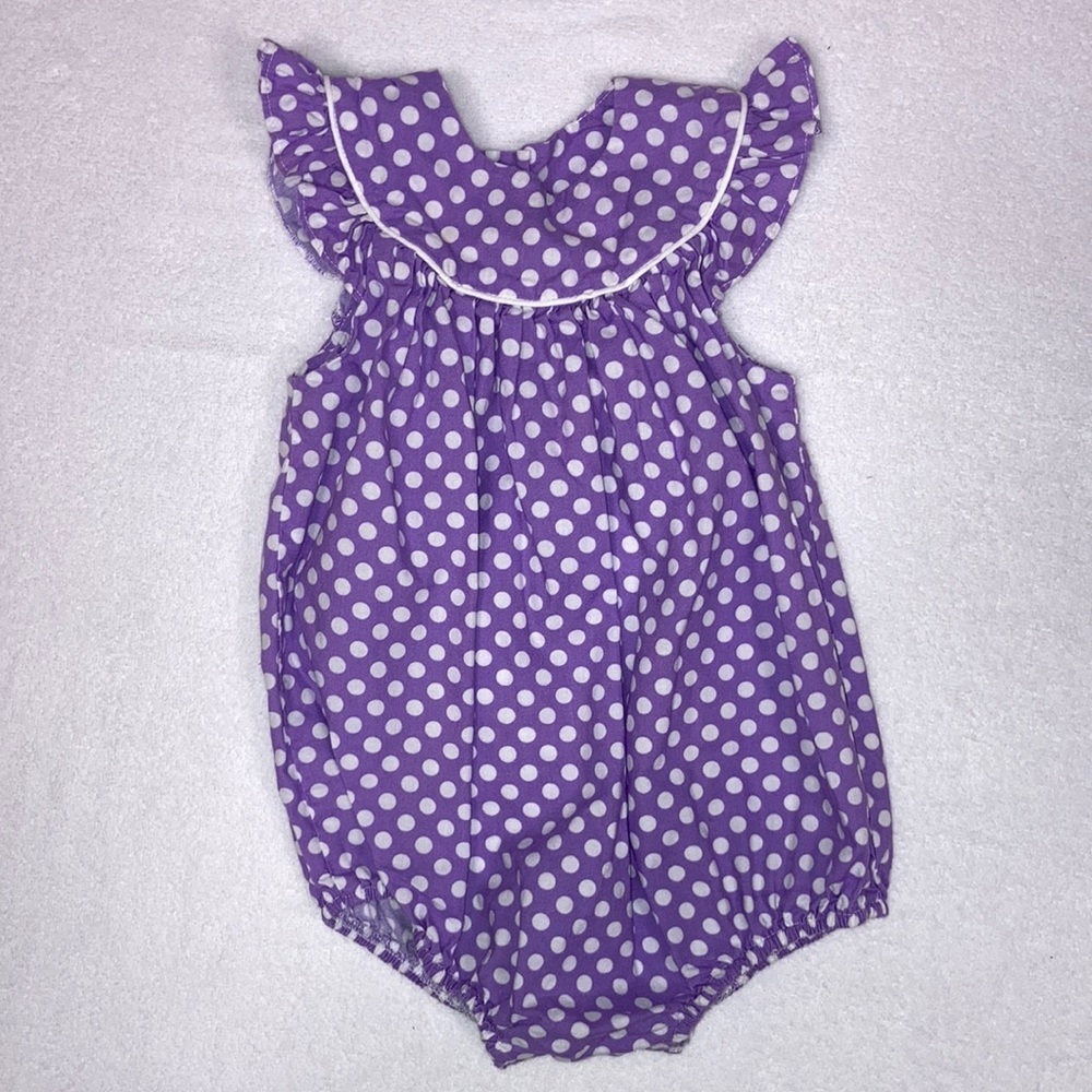 Southern sunshine kids purple white polka dots bubble romper ruffle sleeve 18m